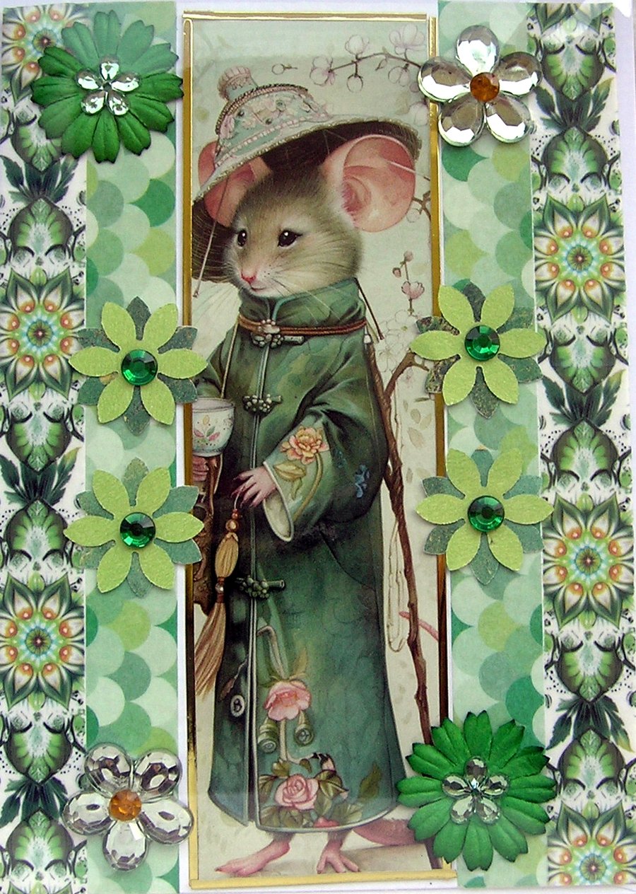 Mandarin Mouse - Hand Crafted Decoupage Greeting Card - Blank (3179)