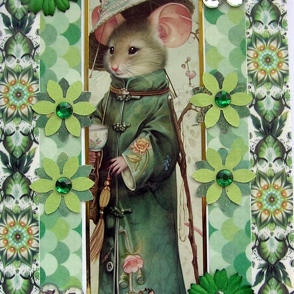 Mandarin Mouse - Hand Crafted Decoupage Greeting Card - Blank (3179)