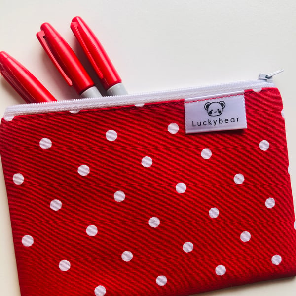 Red spotty zip pouch (small); bright red pouch with polka dots