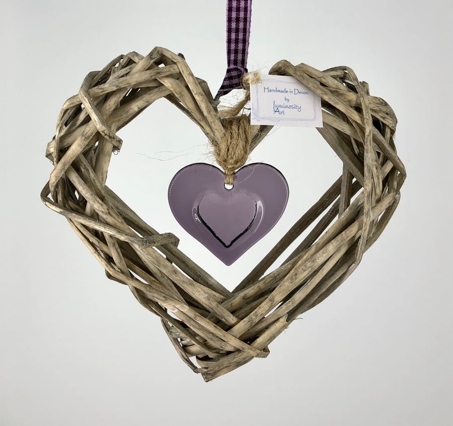 Purple Glass & Wicker Hanging Heart on Gingham Ribbon