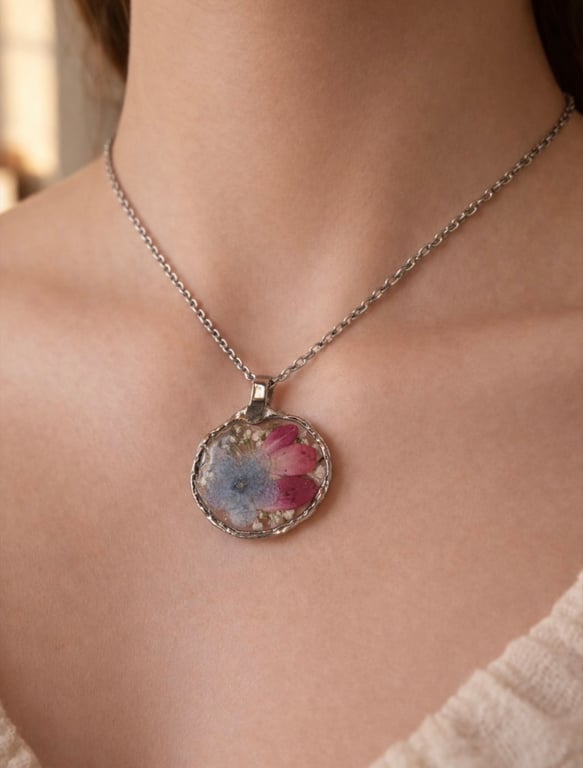 Forget Me Not Real flower Resin Necklace jewellery , Dried Flower Silver Necklac