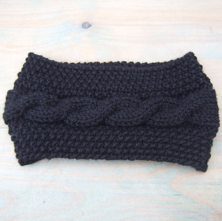 Black Hand Knitted Aran Cable Headband Folksy