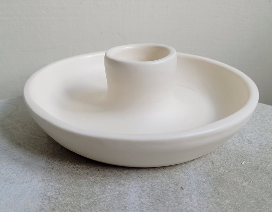 White ceramic handmade pottery candle holder , hand thrown matt ivory holder