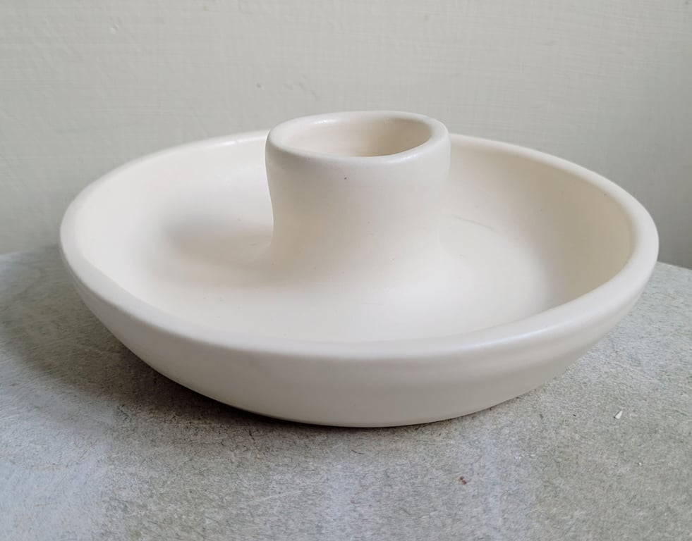 White ceramic handmade pottery candle holder , hand thrown matt ivory holder