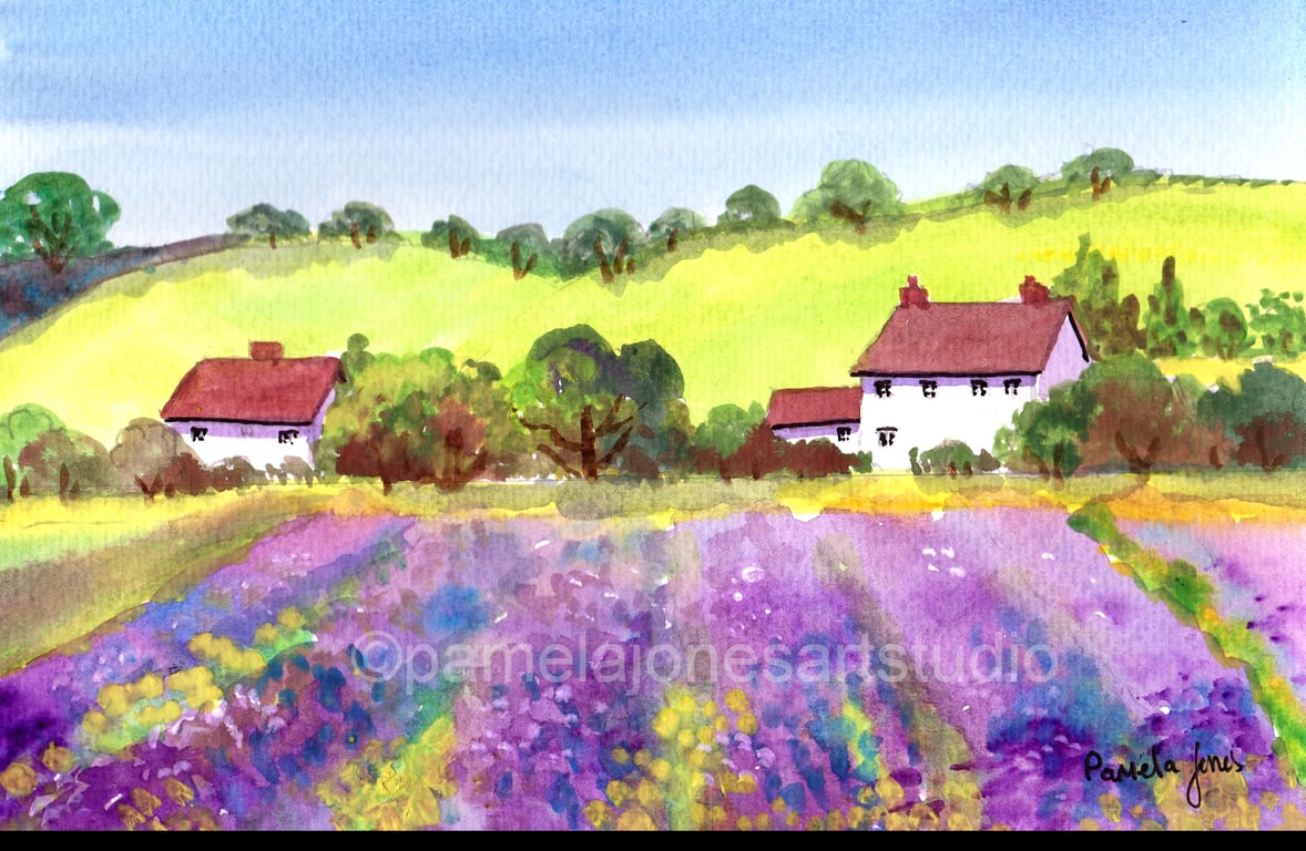 Cotswolds Lavender Field, Original Watercolour, in 14 x 11 '' Mount, Wall Art 