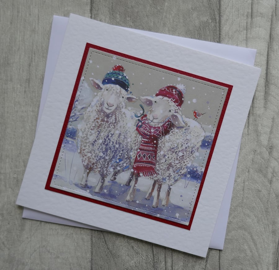 Sheep in Hats and Scarf with Robin - Upcycled Christmas Card