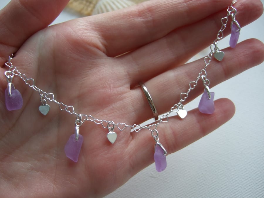 Purple sea glass necklace, Neodymium heart design pendant Spanish color changing