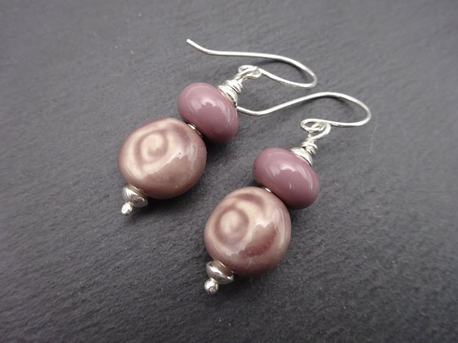 sterling silver earrings, purple lampwork glass and ceramic rose jewellery
