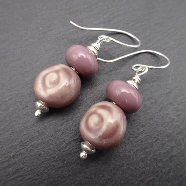 sterling silver earrings, purple lampwork glass and ceramic rose jewellery