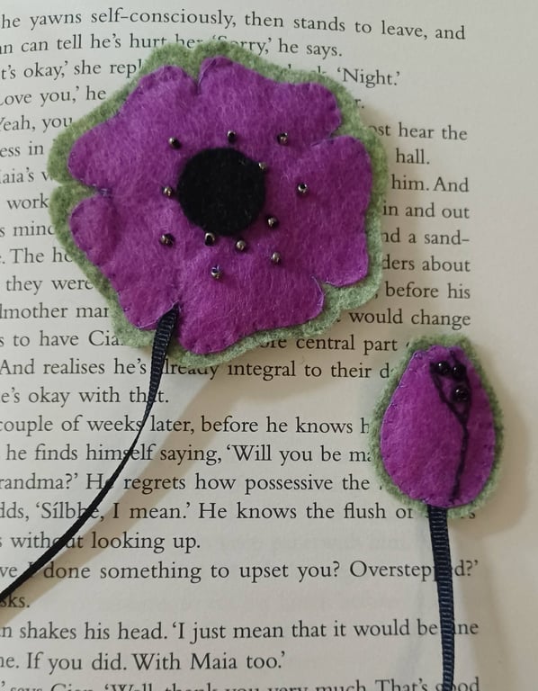 Hand Sewn Purple and Green Felt Poppy Bookmark