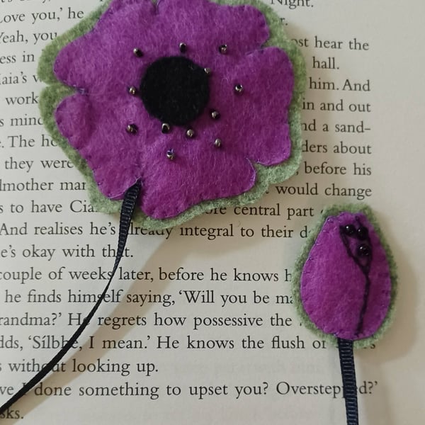 Hand Sewn Purple and Green Felt Poppy Bookmark
