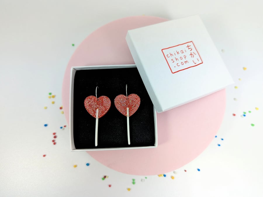 Heart lollipop earrings on acrylic and Sterling silver hoops Valentine earrings 