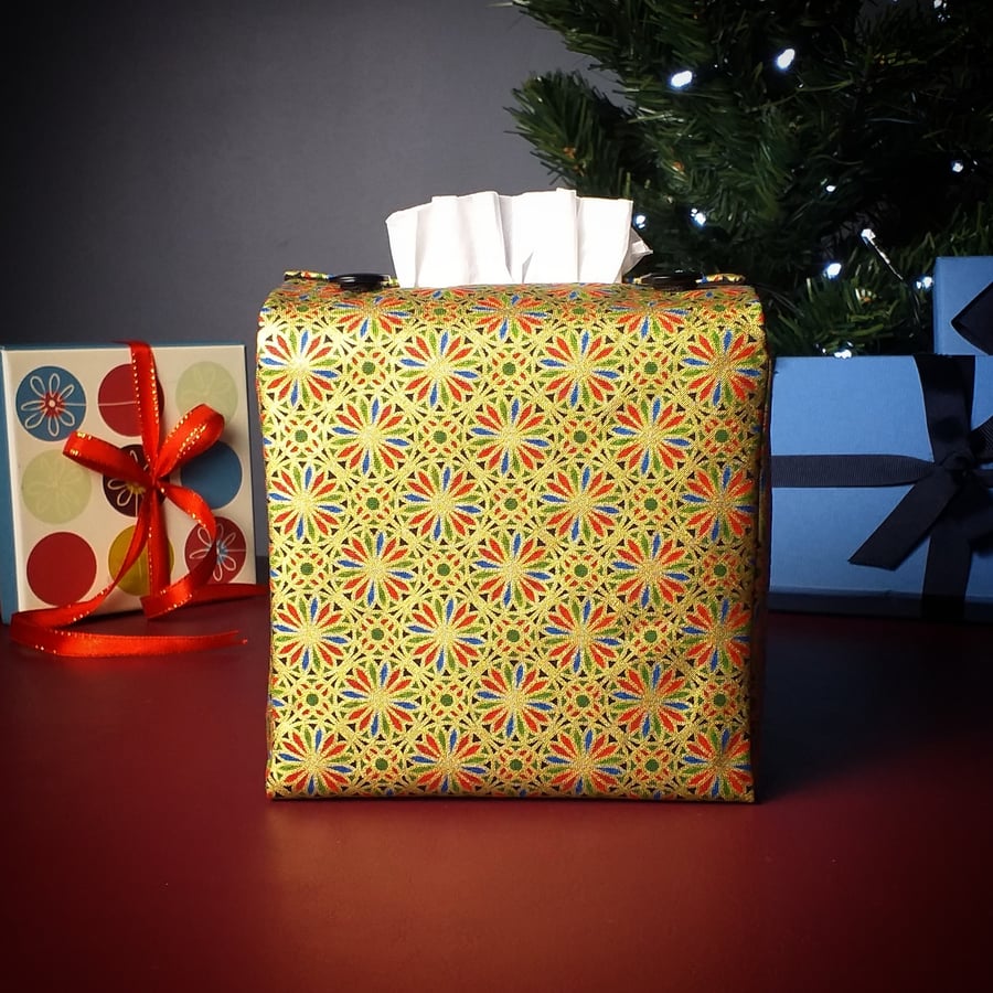 Square Tissue Box Cover Size 'A' - Petals on Gold Christmas Design