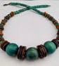 Teal and brown wooden bead necklace - 1002716