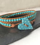 Turquoise semi precious double wrap leather bracelet with ceramic heart button  - Image 6