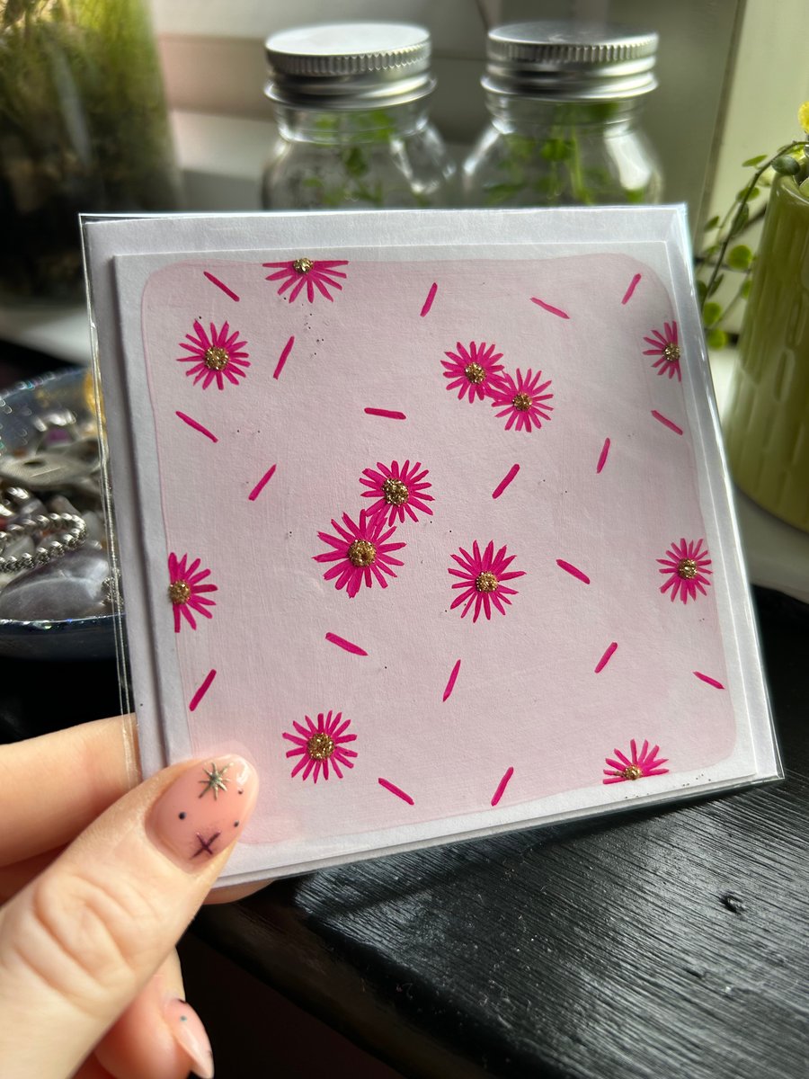 Pink Daisy Hand Painted Blank Greetings Cards 4X4