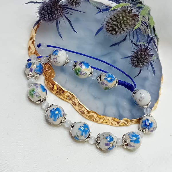  Flowered Porcelain Bead Bracelet Assorted Colours