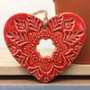 Ceramic heart hanging decoration Pottery Heart Folk art love heart DARK ORANGE