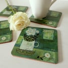 Blue Coasters with Floral Art Print, Vintage Cottage Style Tablescape