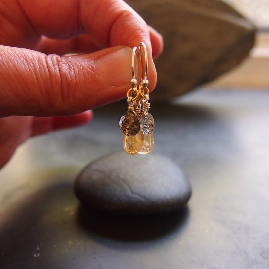 Sterling Silver, Citrine and Tourmalinated Quartz Drop Earrings