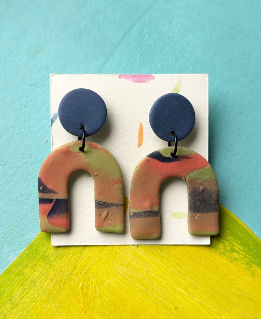 Unique earrings, dangly blue, orange and green lightweight earrings