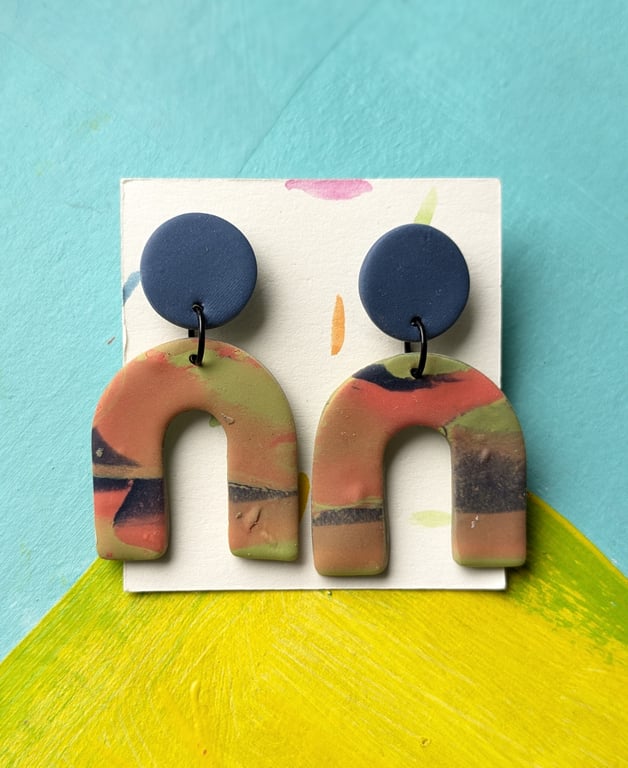 Unique earrings, dangly blue, orange and green lightweight earrings
