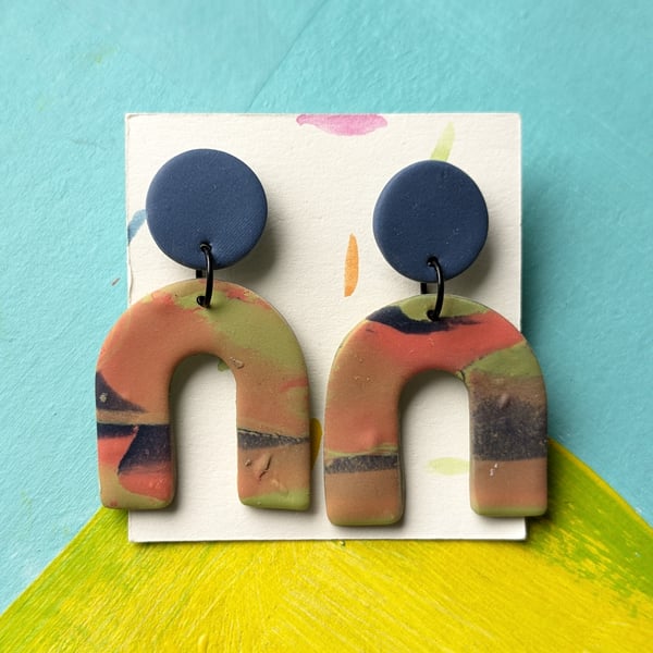 Unique earrings, dangly blue, orange and green lightweight earrings