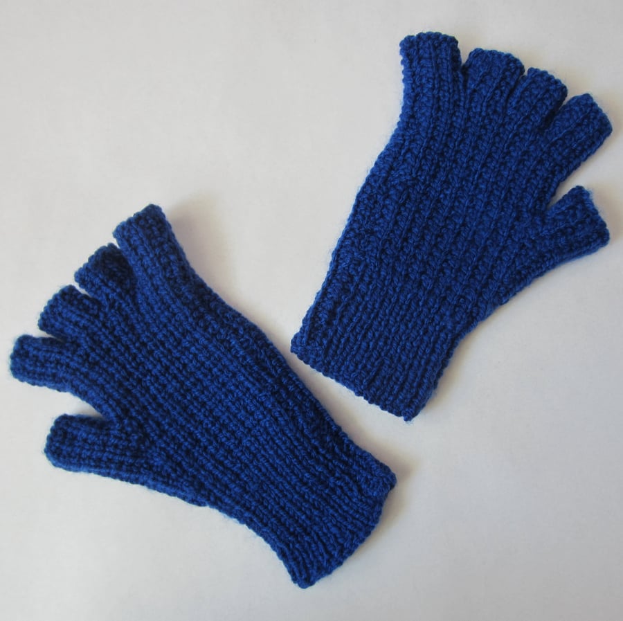 Hand Knitted Dark Blue Fingerless Gloves