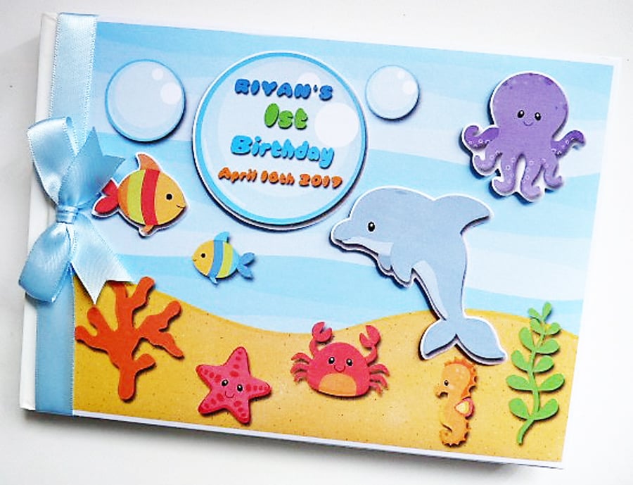 Sea animals boy birthday guest book, Ocean creatures, fish, under the sea, gift