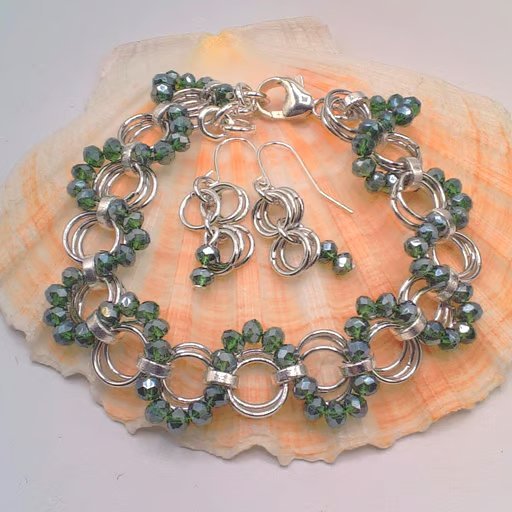 Chain Mail and Green Crystal Bracelet and Earrings Set,  Gift for Her, Gift Set