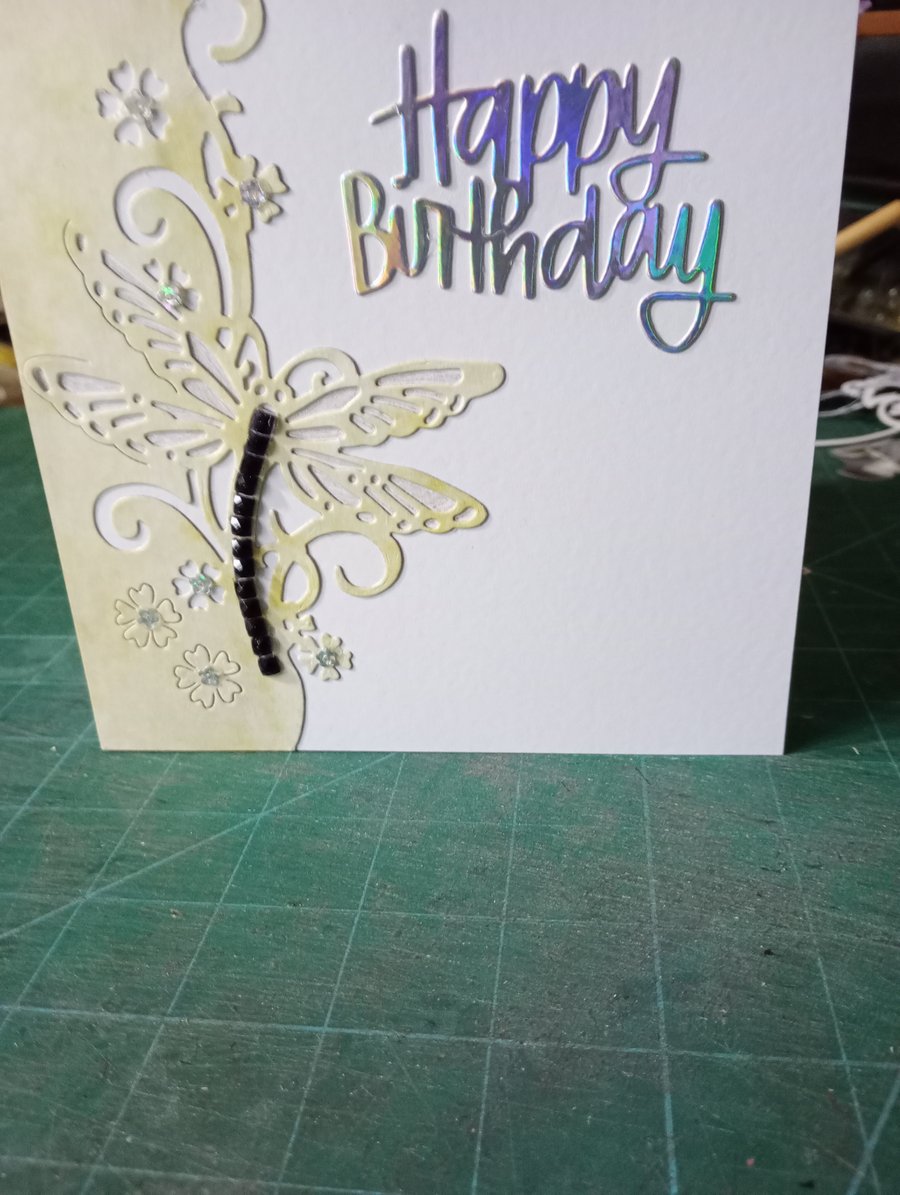 Yellow dragonfly birthday card 