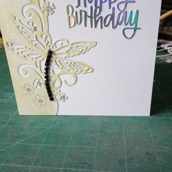 Yellow dragonfly birthday card 