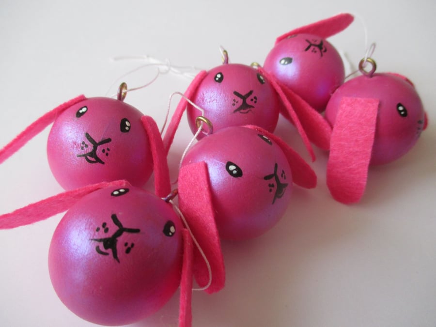 SALE  Set of Pink Bunny Rabbit Bauble Head Hanging Christmas Tree Decorations