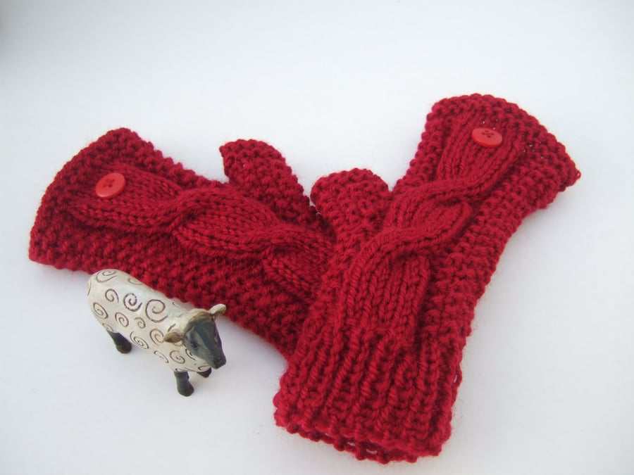 Red Aran Cable Knit Fingerless Gloves