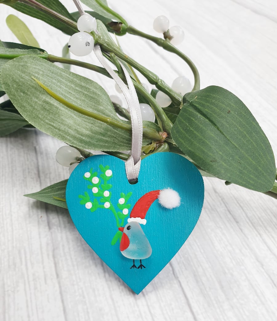 Seaglass Christmas Robins ornament 