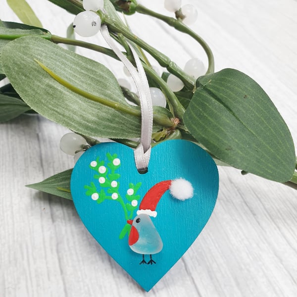 Seaglass Christmas Robins ornament 