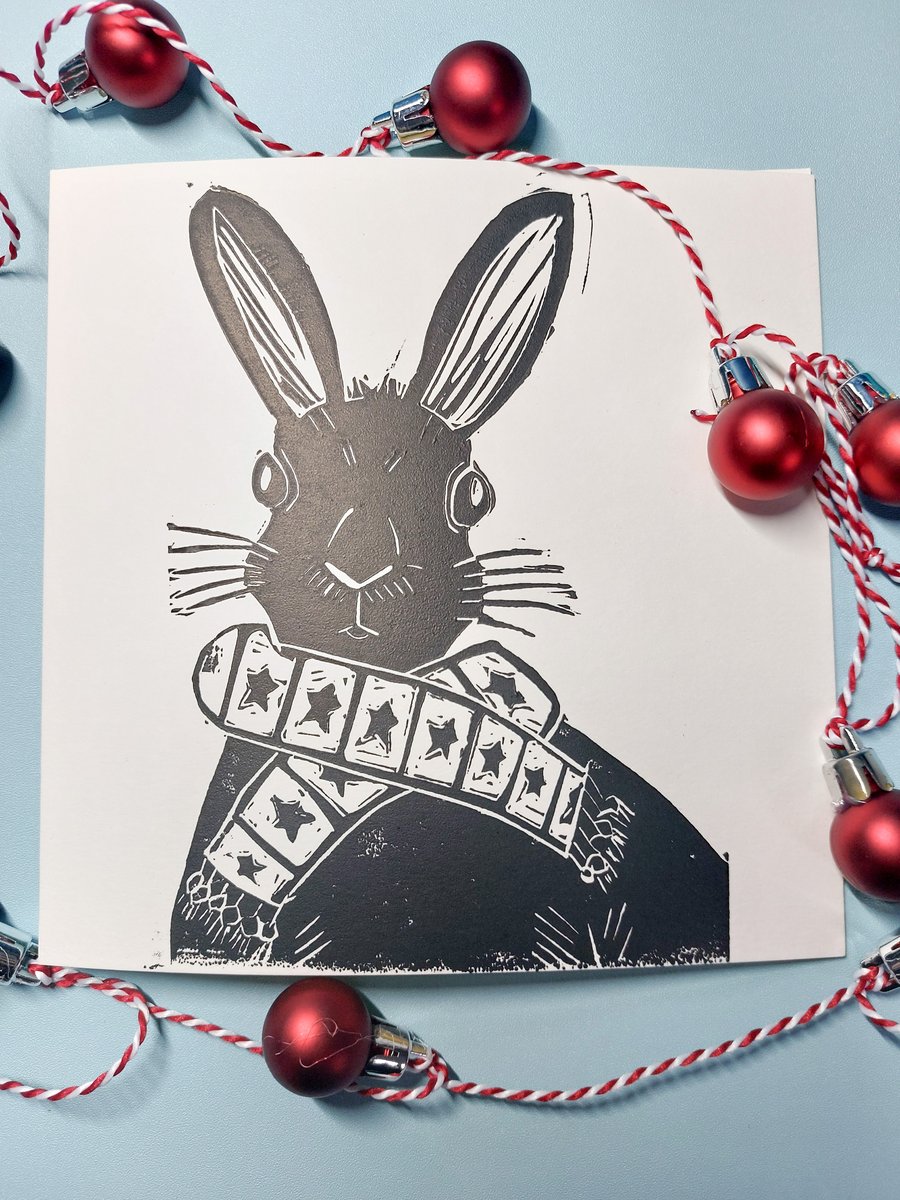 Christmas Hare linocut blank card