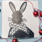 Christmas Hare linocut blank card