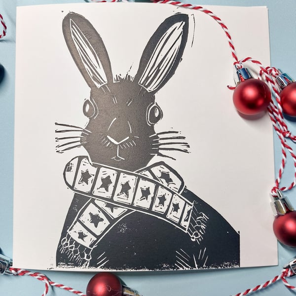 Christmas Hare linocut blank card