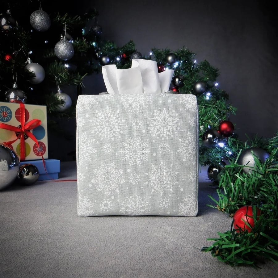 Square Tissue Box Cover - Snowflakes on Grey Christmas Design