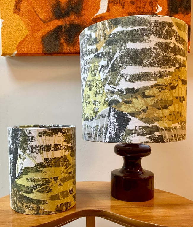 Abstract David Whitehead Mid Century Grey Yellow 50s  Vintage Fabric lampshade 