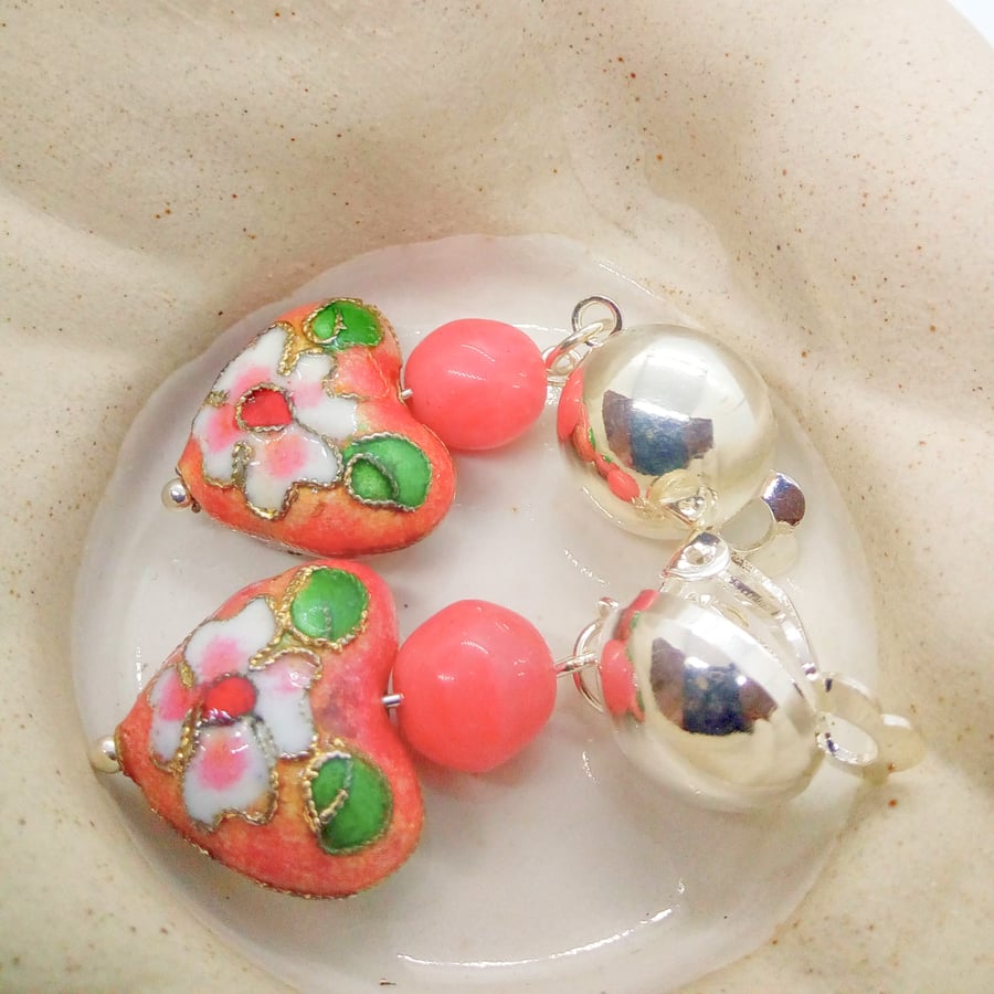 Ladies Coral Pink Heart Shaped Cloisonne Earrings for Pierced Ears