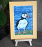 Puffin small original painting in yellow cardboard mount.   - Image 3