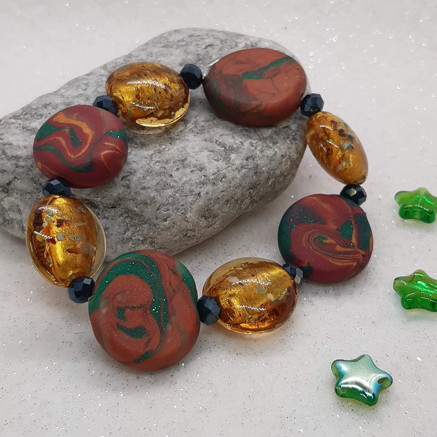 Copper, red and green disc bracelet