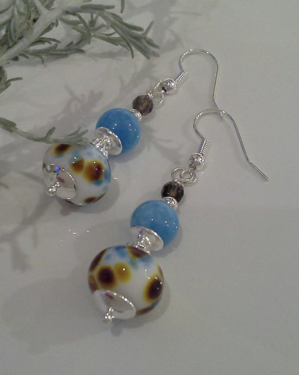 Designer Artisan Lampwork Bead, Blue Quartzite, Smokey Quartz Earrings