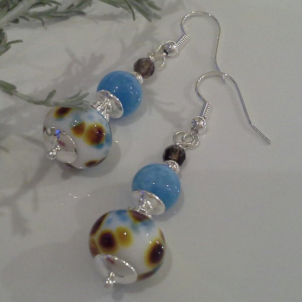 Hand Made Lampwork Bead, Blue Quartzite, Smokey Quartz Earrings Silver Plate