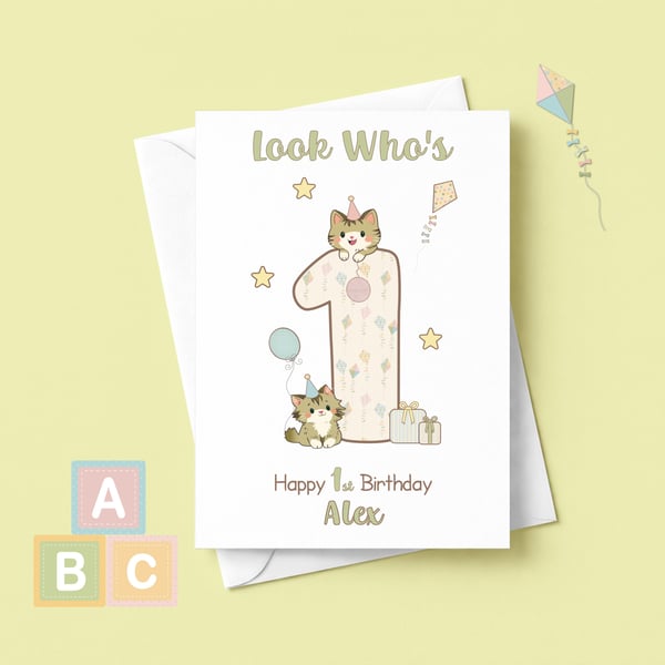 Personalised Kitten 1st Birthday Card, Gender Neutral, One Year Old 
