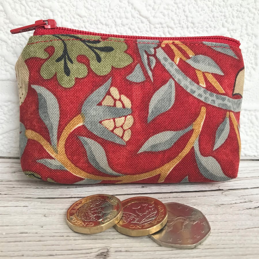 Small purse, coin purse in red Strawberry Thief fabric by William Morris