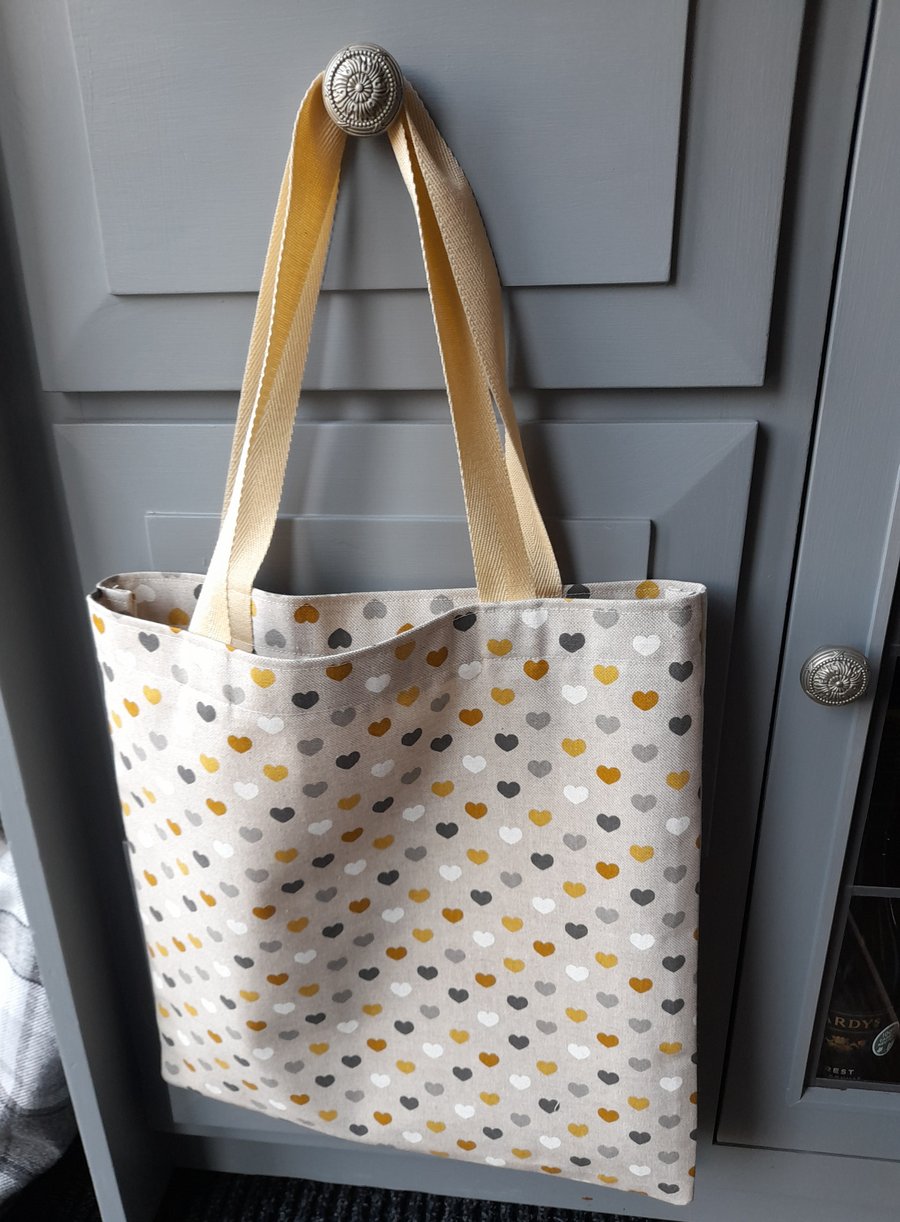 Tote Bag Mustard Hearts, Natural Linen Look. With Free Delivery