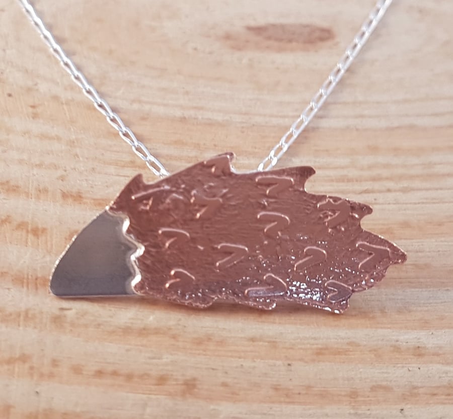 Sterling Silver and Copper Etched Hedgehog Necklace 